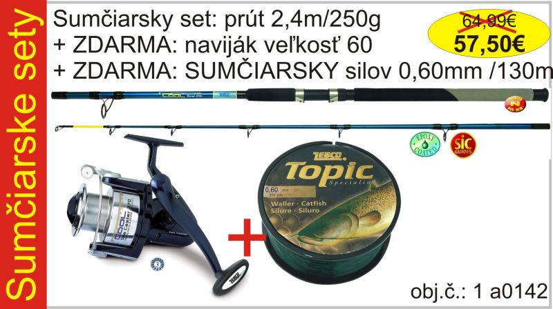 Sumčiarsky set prút 2,4m/250g+naviják 60+vlasec 0,60mm