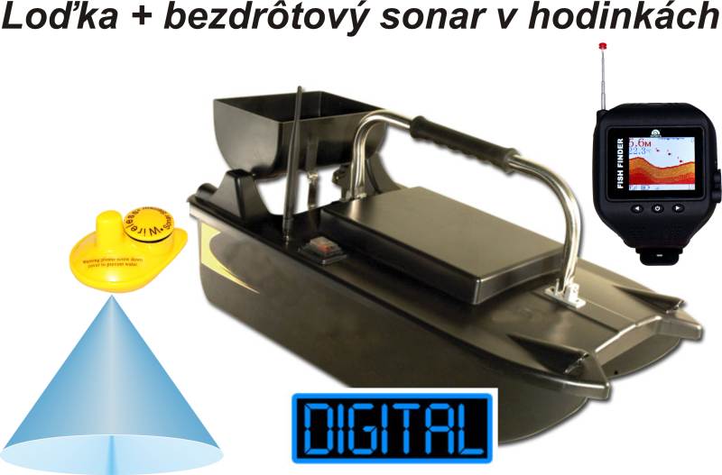 Zavážacia loďka + farebný bezdrôtový sonar v hodinkách